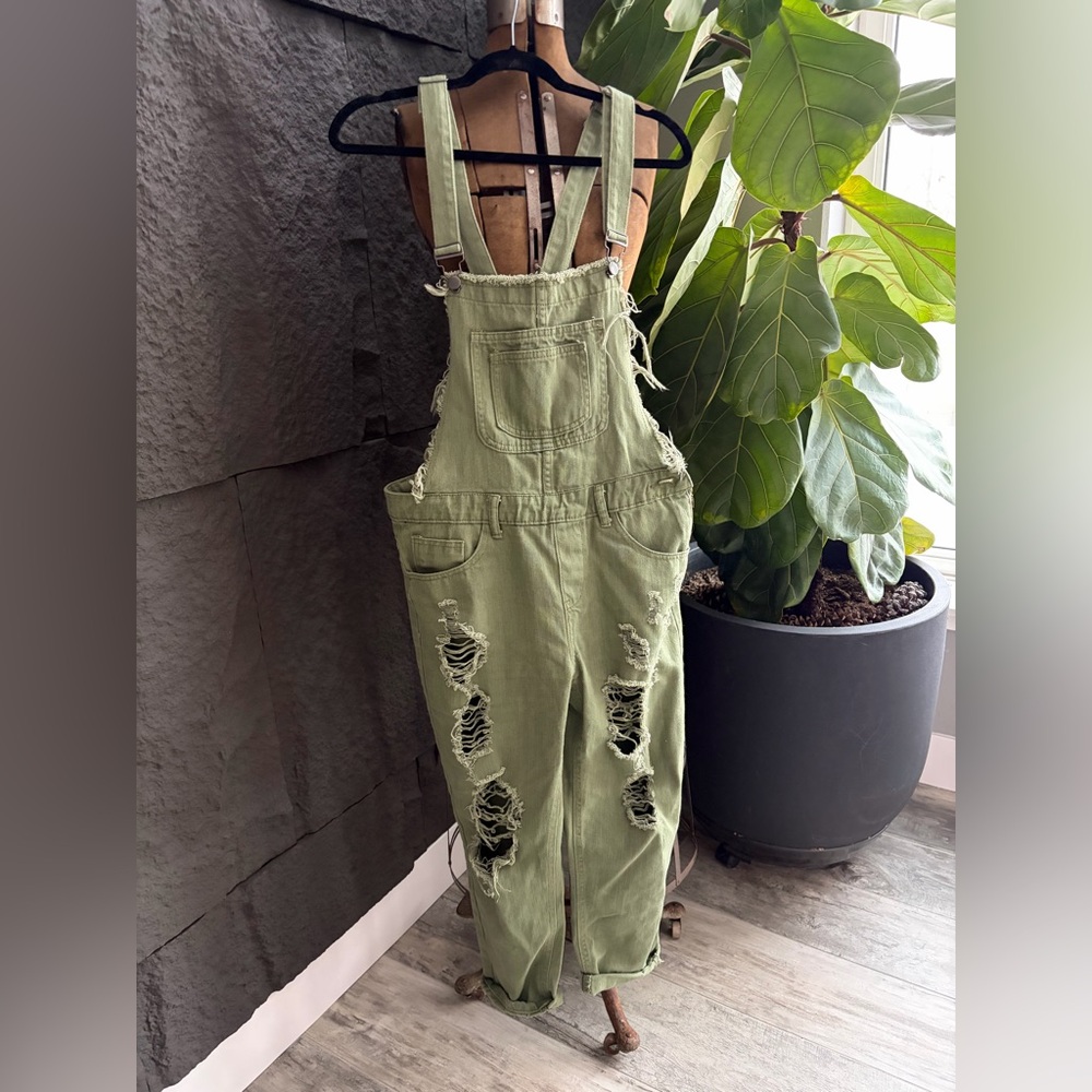 Distressed Olive Green Women's Overalls